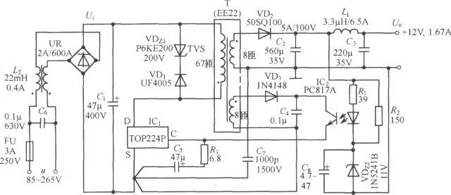 TOP224P構成的12V、20W開關直流穩壓電源電路